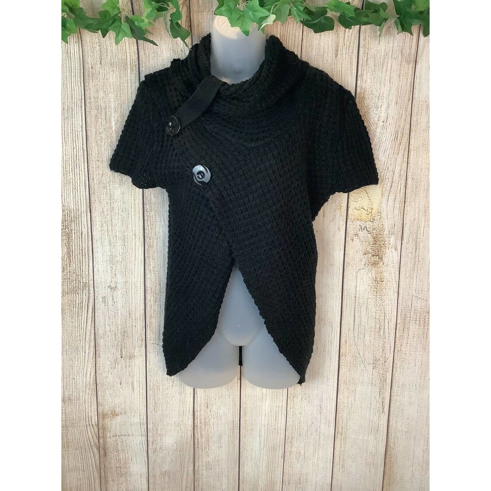 Pronto USA Women Knit Sweater One Size Black Button Short Sleeve Cowl Neck
